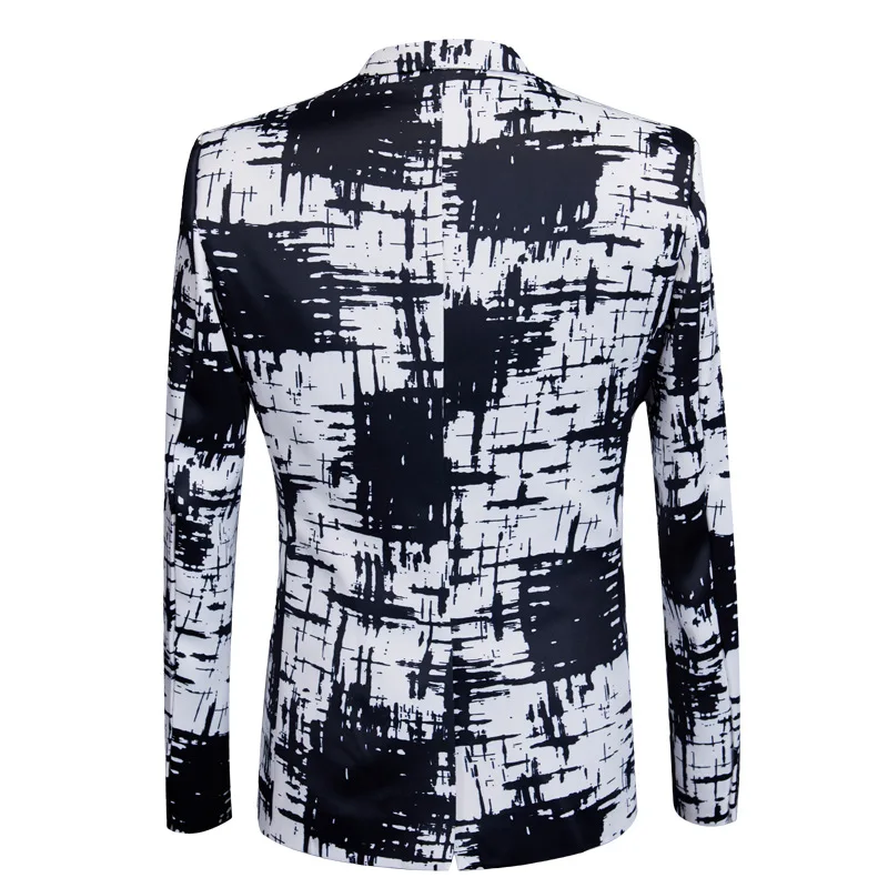

2020 printed men's suit suit black and white dyed flower suit singer performance costume two pieces