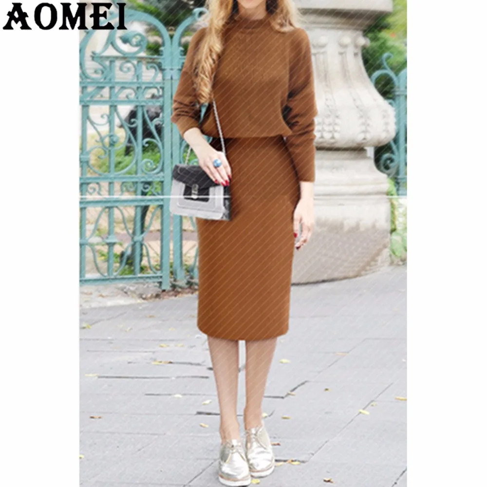 2019 Женское зимнее платье-свитер длинный вязаный джемпер хаки красный осенний