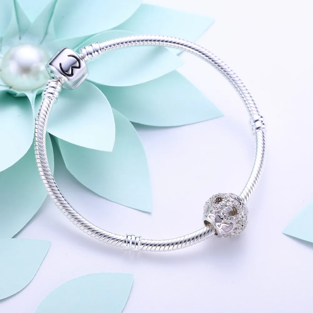 Видео! Любовь инкрустированные розовой эмалью серебряные бусины 925 пробы амулеты