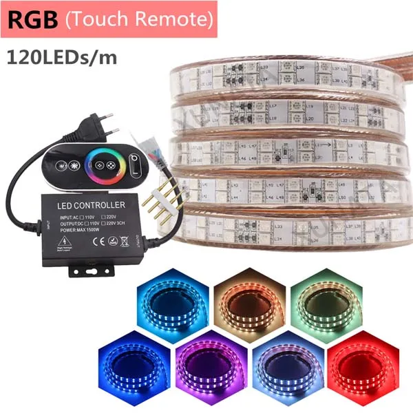120LEDs RGB Touch 5050 RGB Светодиодная лента Водонепроницаемая 220 В ЕС Сенсорный пульт 24Key светодиодный светильник 60 Светодиодный s/m 120 светодиодный s/m двухрядная гибкая лента светодиодный светильник - Испускаемый цвет: 120LEDs RGB Touch