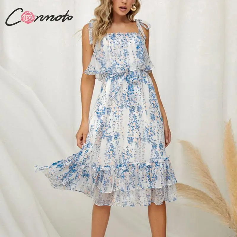 Conmoto Летнее бандажное платье миди с высокой талией летнее воланами шифоновое