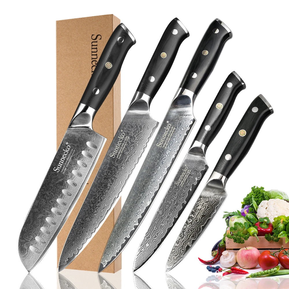 

SUNNECKO Damascus Steel VG10 Japanese Chef Knives 5PCS Set 8'' Slicing 7'' Santoku 5'' Utility 3.5'' Paring Knife Tools