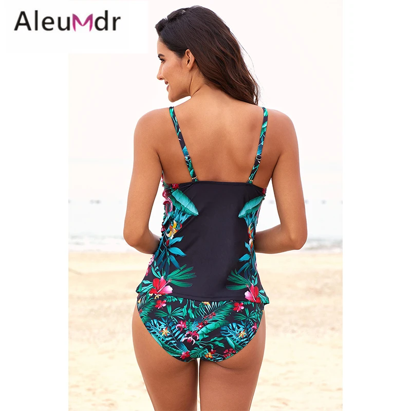 Aleumdr Купальники Белый лист и Цветочный принт Ruched Tankini Установить Два Купальник