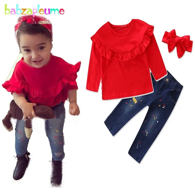 

Комплект из 2 предметов для маленьких девочек, Милая Красная футболка с длинным рукавом и джинсы, одежда для детей, весна-осень, BC1806