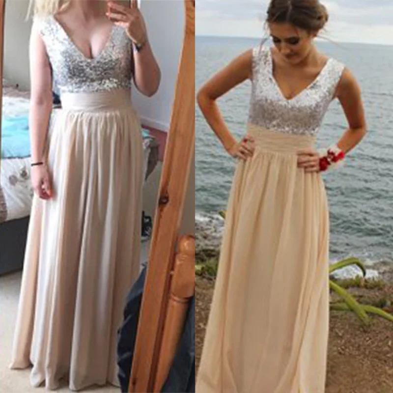 

shining champagne gold long sequin V neck prom dress gown for junior girls
