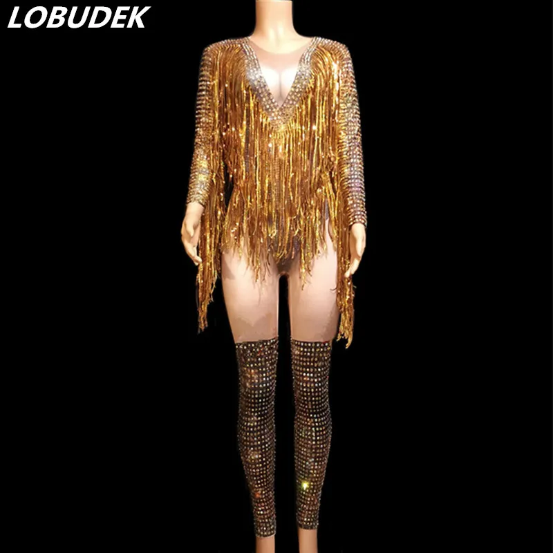 Gold Crystals Sequins Tassels Jumpsuit Elastic Long Sleeve Fringes Rompers Nightclub Costume Sexy Fashion Bar Singer Stage Wear