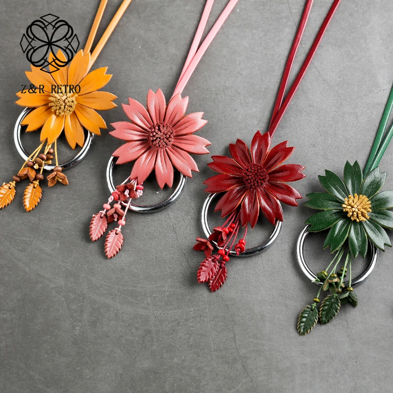 Модное женское ожерелье украшение на шею веревочная цепь из воловьей кожи цветок