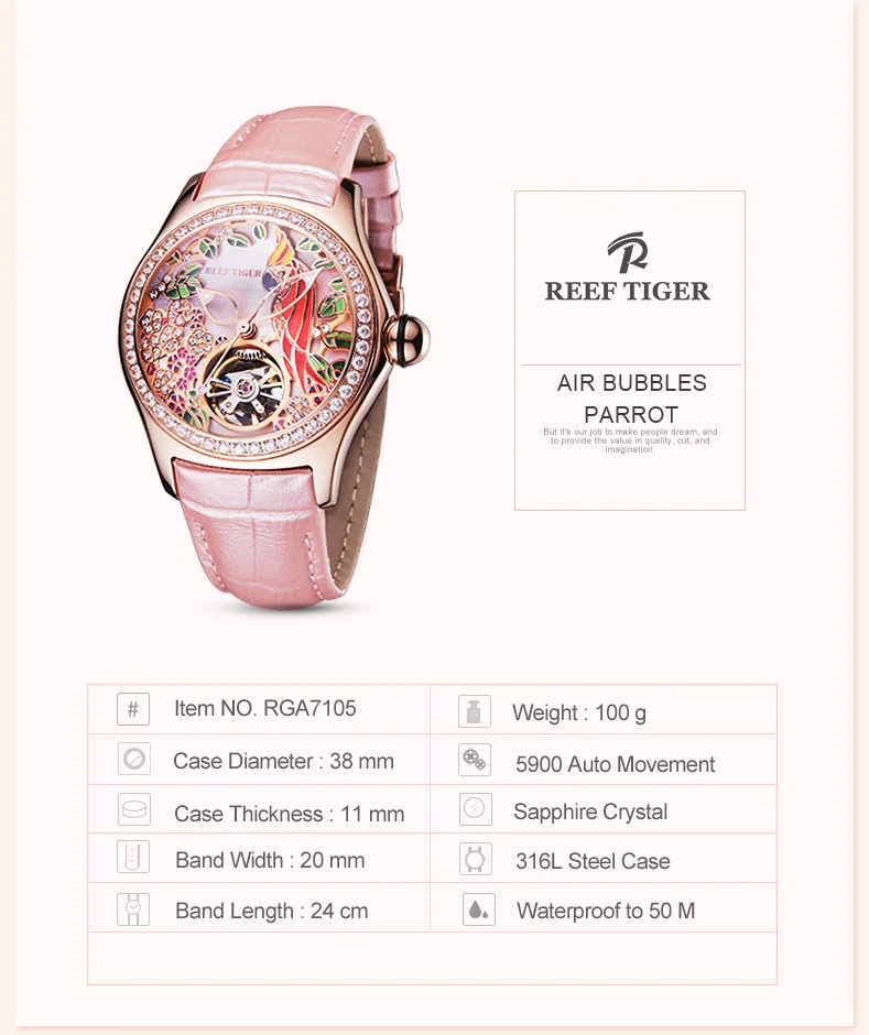 Reef Tiger LOVE Serier RGA7105 роскошные бриллианты ободок женские Автоматические часы с кожаным ремешком