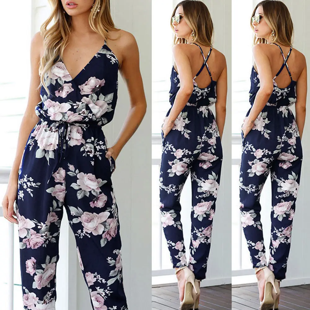 2018 Summer Boho Casual Women Ladies Jumpsuits Sleeveless V-Neck Floral Print Elastic Waist | Женская одежда