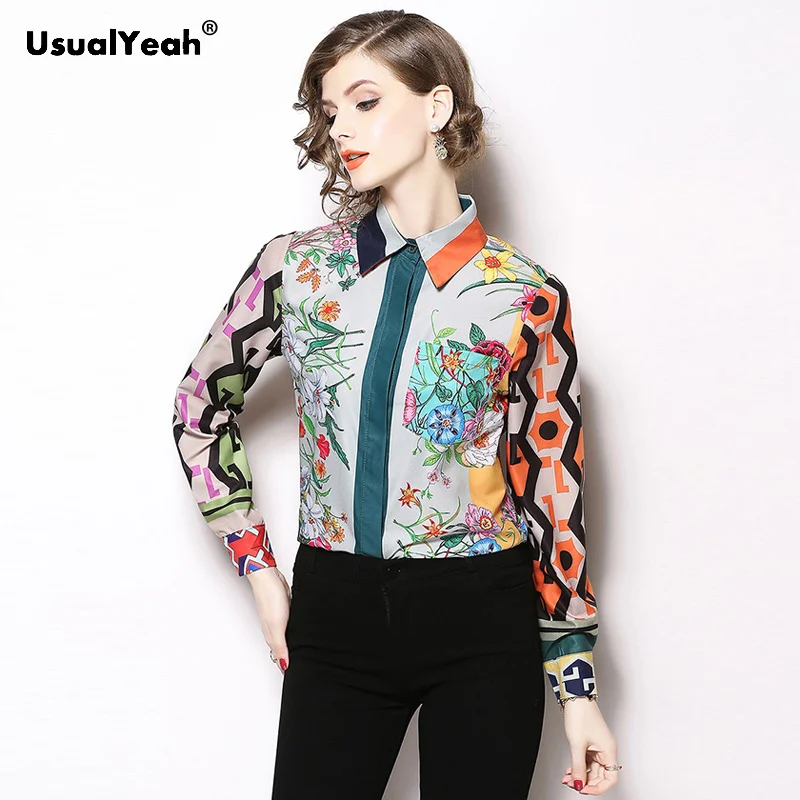 

UsualYeah Tops High Quality Runway Floral Print Formal Blouses Women Long Sleeves Front Green Striped Office Shirt