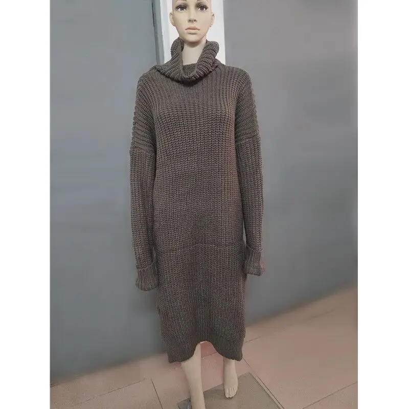 Thick knitted sweater dress women winter tops vintage Korean turtleneck pullovers high slit oversized long pull robe femme hiver | Женская