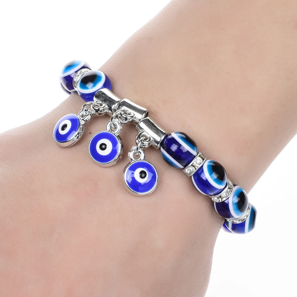 SLZBCY Resin Blue Evil Eye Beads Strand Charms Bracelets For Woman Men Crystal Elastic Bracelet Wristband Jewelry Pulsera Mujer | Украшения