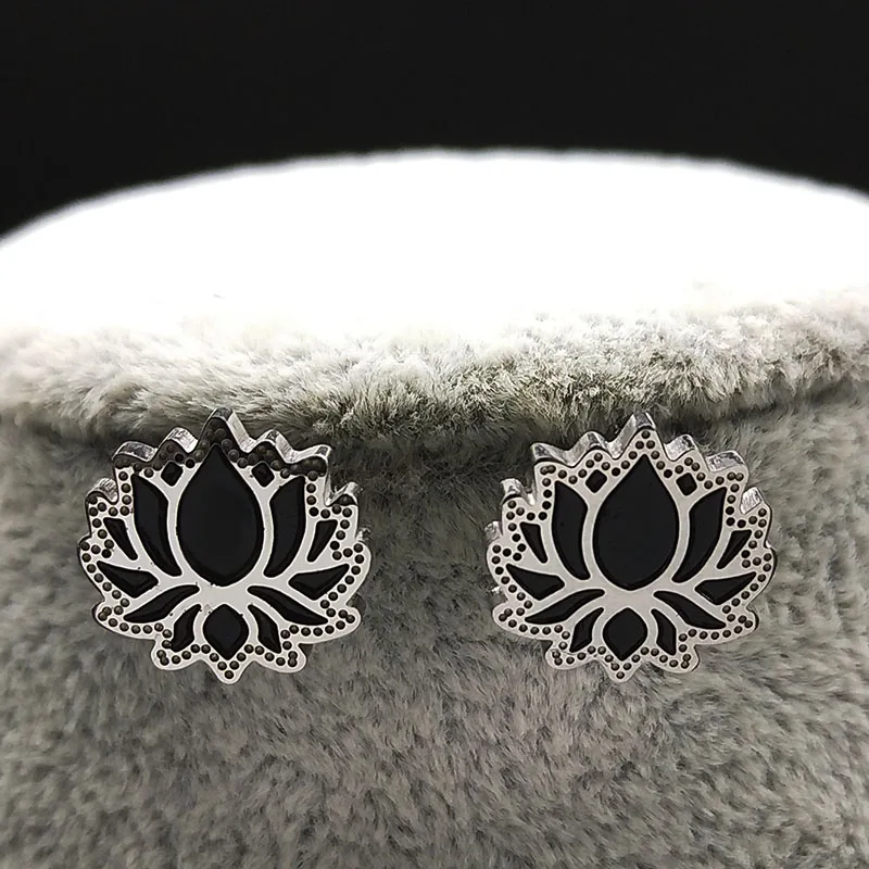 Fashion Black Enamel Stainless Steel Earrings for Women Small Lotus Stud Earring Jewelry boucle d'oreille fantaisie E1329S02 | Украшения