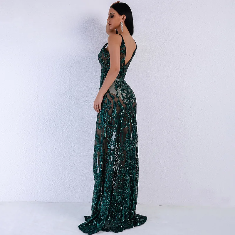 MUXU зеленое платье с блестками на бретелях открытой спиной vestidos robe femme длинное elbise