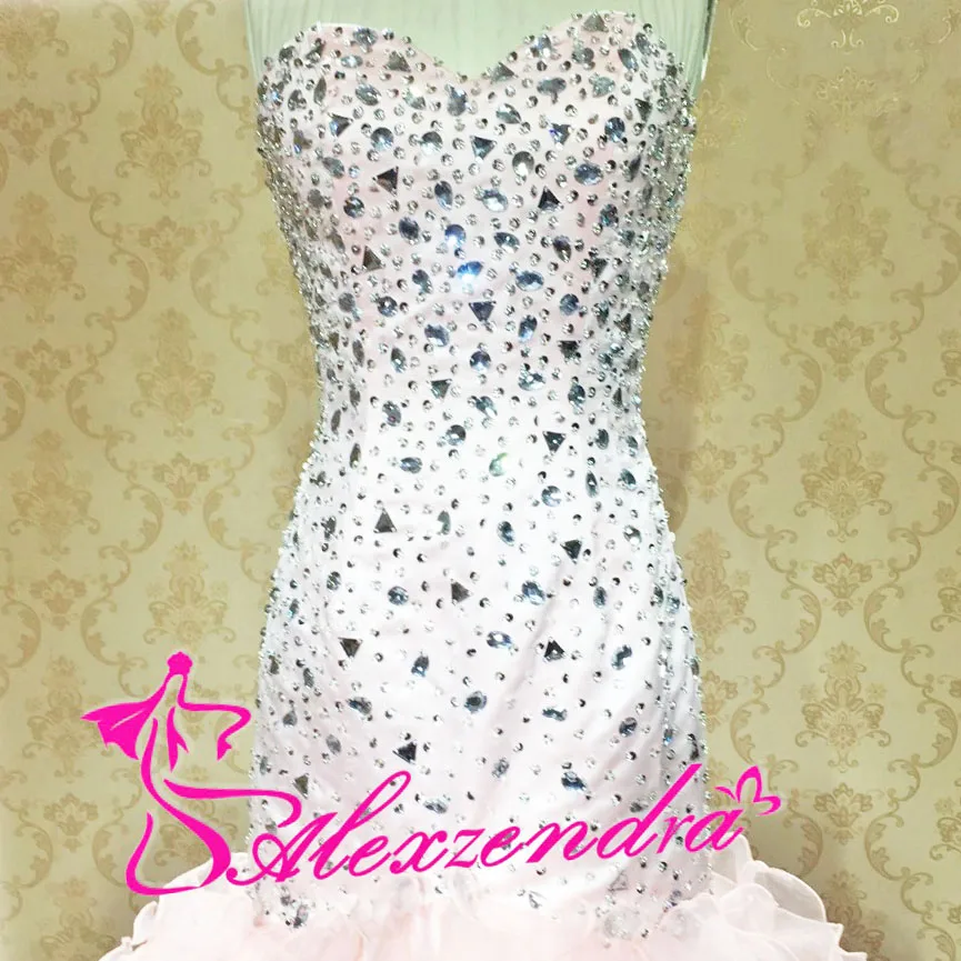 Alexzendra Pink Ruffles Mermaid Long Prom Dresses Crystals Bodice Lace Up Back Party Dresses Vestidos De Novia Evening Dress
