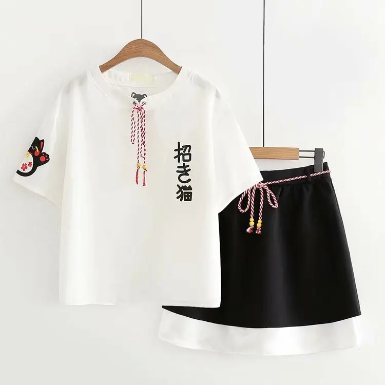 MERRY PRETTY женские наборы мультфильм вышивка короткий рукав хлопок футболка и мини юбка комплект из двух частей эластичный пояс на шнуровке юбка