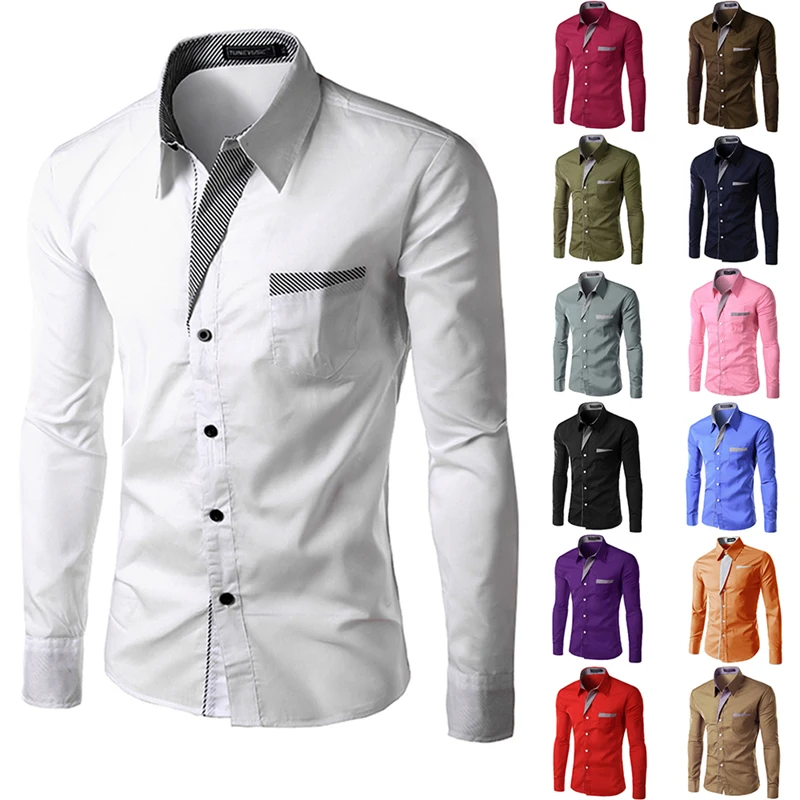 Промо-акция! 2018 новые модные мужские рубашки с длинным рукавом Хлопок Slim Fit