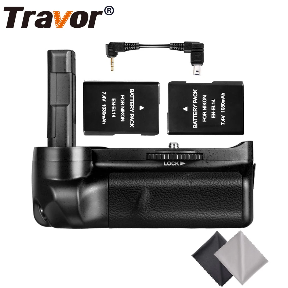 Travor Батарейный держатель для Nikon D3100 D3200 D3300 DSLR камеры с 2 шт EN-EL14 батареей и 2 шт микрофибры Ткань для очистки