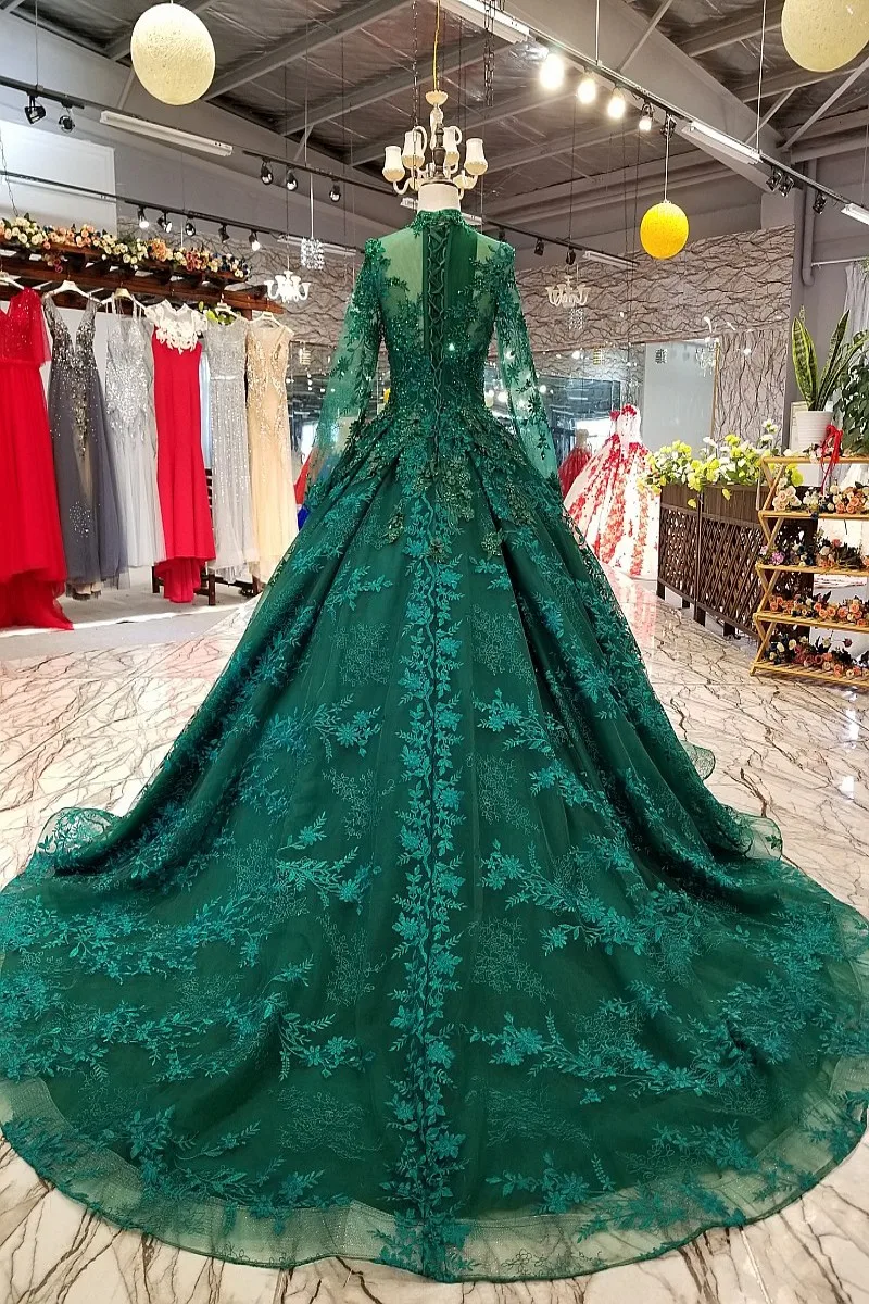 Emerald Green Crystal Sequins Evening Dresses 2017 Modest Illusion Long Sleeve Arabic Dubai Prom Dress Formal Gown