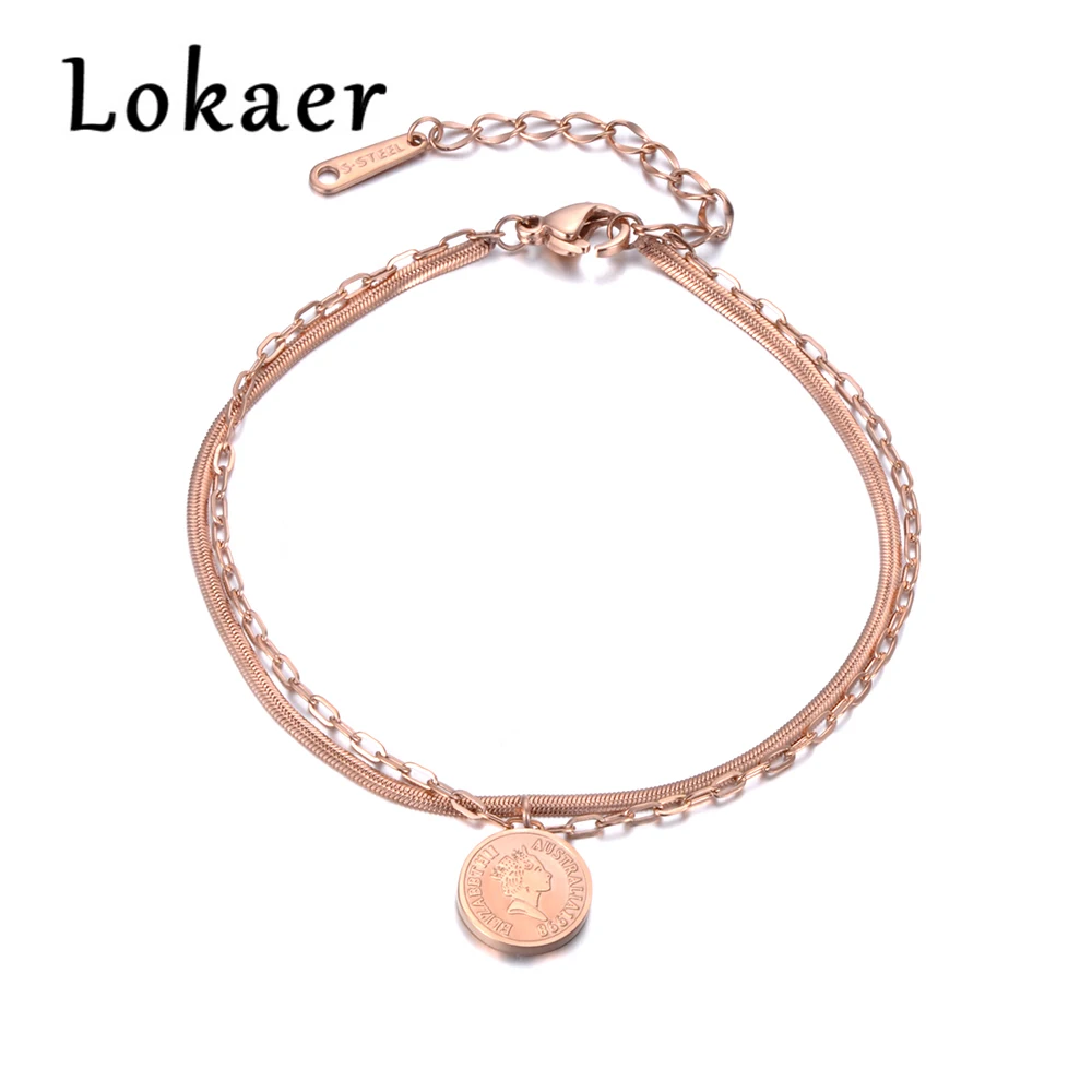 Lokaer, 2 слоя, браслеты из нержавеющей стали, звено, цепь и закуска, монета, шарм, розовое золото, цвет, ювелирные изделия, B18179