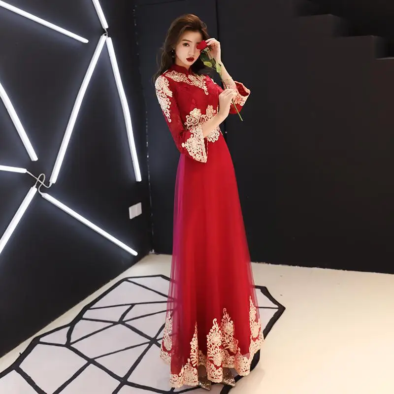 Китайский винтажный Красный в пол Cheongsam женский традиционный вышивка цветок Qipao невесты свадебное вечернее платье - Цвет: Style 9