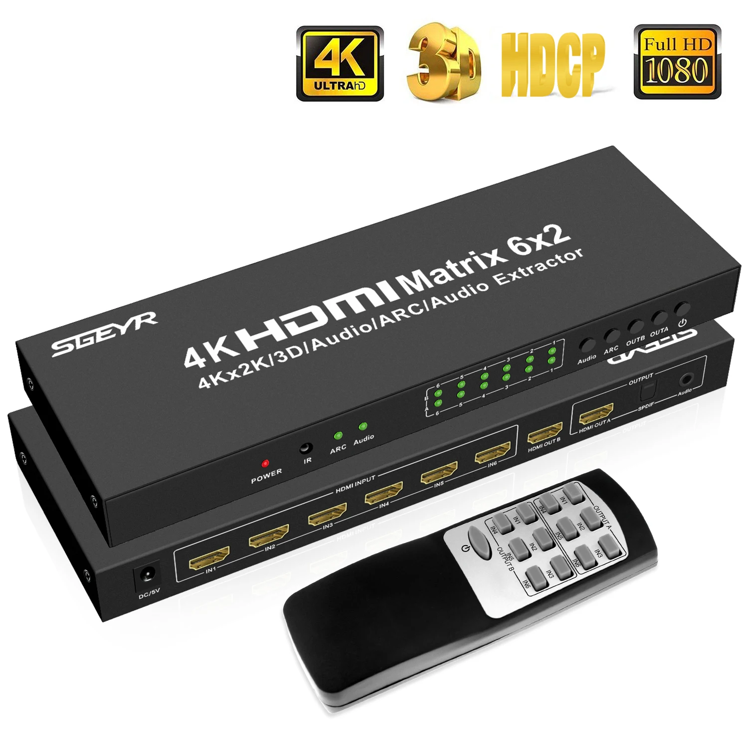 6x2 HDMI матричный коммутатор 4K x 2K 6 in 2 out HDMI Матричные мониторы сплиттер коммутатор с пультом дистанционного управления SPDIF+ 3,5 мм аудио экстрактор