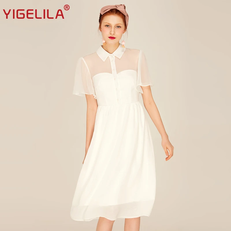 Бренд YIGELILA 62448 новейшее милое белое платье для женщин рубашка с воротником и