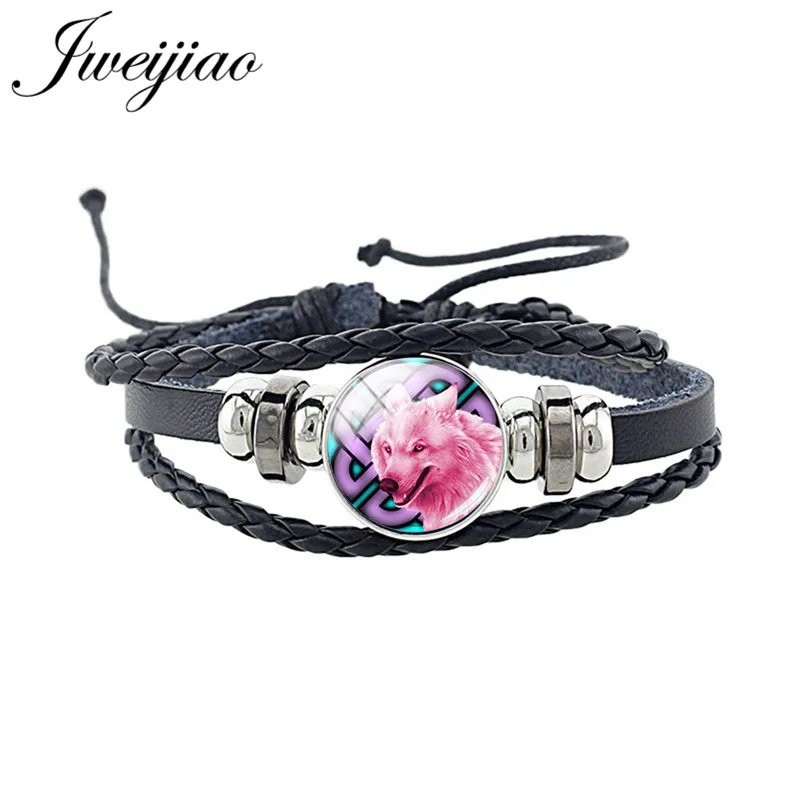 D1411 JWEIJIAO модные животным волком кожаный плетеный браслет со стеклянным кабошоном Шарм Мужской Браслет для Для женщин человек панк ювелирные изделия подарок D1403 - Окраска металла: D1411
