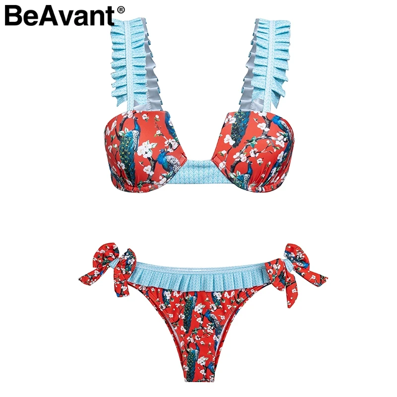 Красный BeAvant, цветочный принт, летняя пляжная одежда, Женский комплект 2 шт., с оборками, на лямках, сексуальный купальник, купальники, для отдыха, пляжа, купальный костюм, Купальники - Цвет: Красный