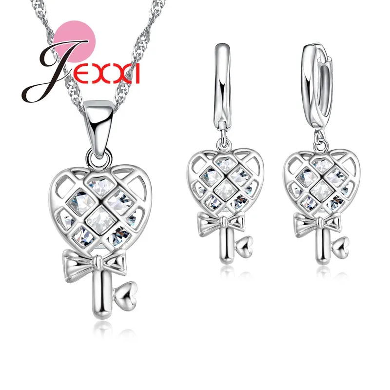 

Hollow Out Heart Design Fashion 925 Sterling Silver Crystal Pendant Necklaces Earrings Jewelry Set For Women