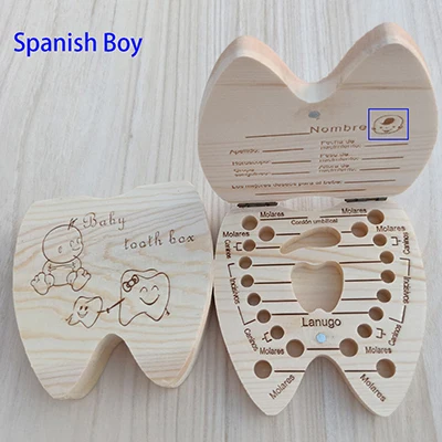 Spanish Boy Новое испанское/английское детское дерево коробка зуб пупочный органайзер для хранения молочных зубов собирает зубы Детские сувениры подарок Keepsakes - Цвет: Spanish Boy