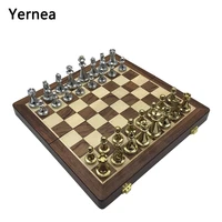 yernea entertainment wooden folding chessboard retro metal alloy chess pieces chess game set high quality chessboard gift
