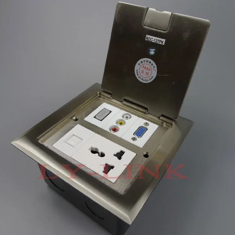 Розетка для пола серебристого цвета с разъемом vga 3RCA AV HDMI и поддержкой RJ45