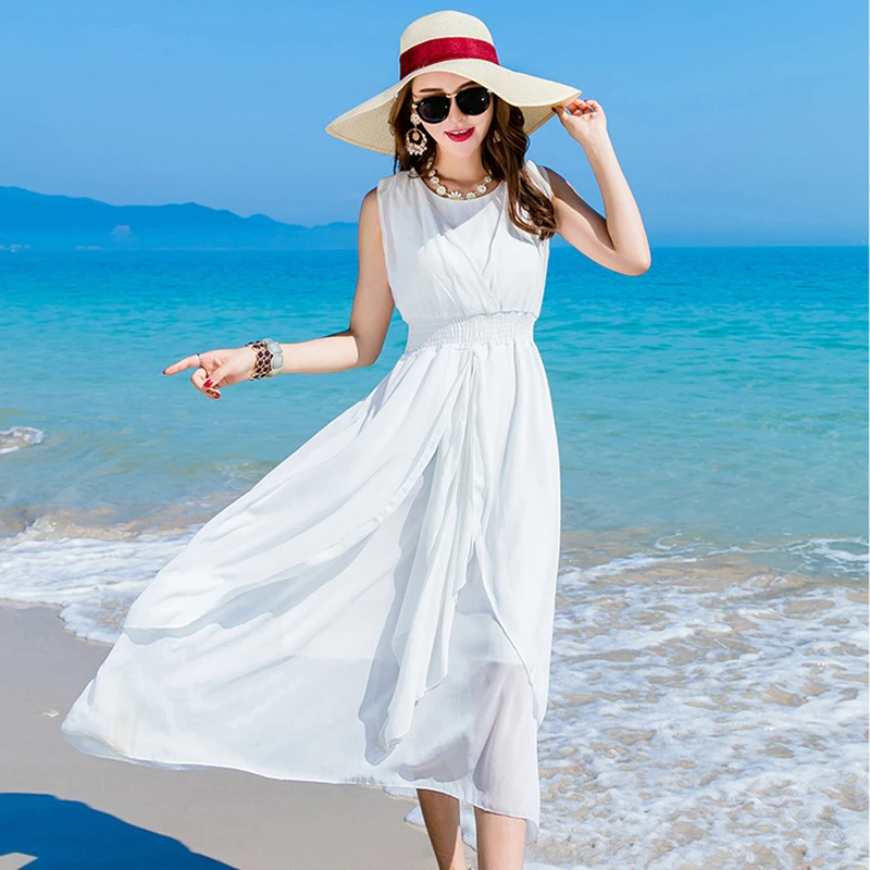 Ailegogo Summer Beach Solid Color Long Dress Women Sexy Ruffles Mid-calf Dresses Casual High Waist White Blue Red Yellow Vestido | Женская
