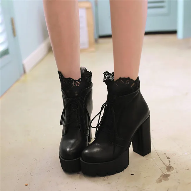 YMECHIC Lady Lace Up Platform Block High Heel Ankle Short Motorcycle Boots White Black Womens Autumn Gothic Shoes Plus Size
