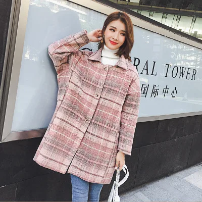 Супер-модное корейское винтажное шерстяное пальто средней и длинной клетчатой