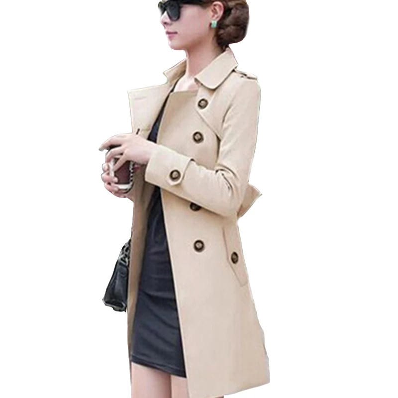 

2020 New Fashion Hot Sale Women Slim Charm Double Breasted Female Long Trench Turn Down Collar Solid Pattern Trench TR050