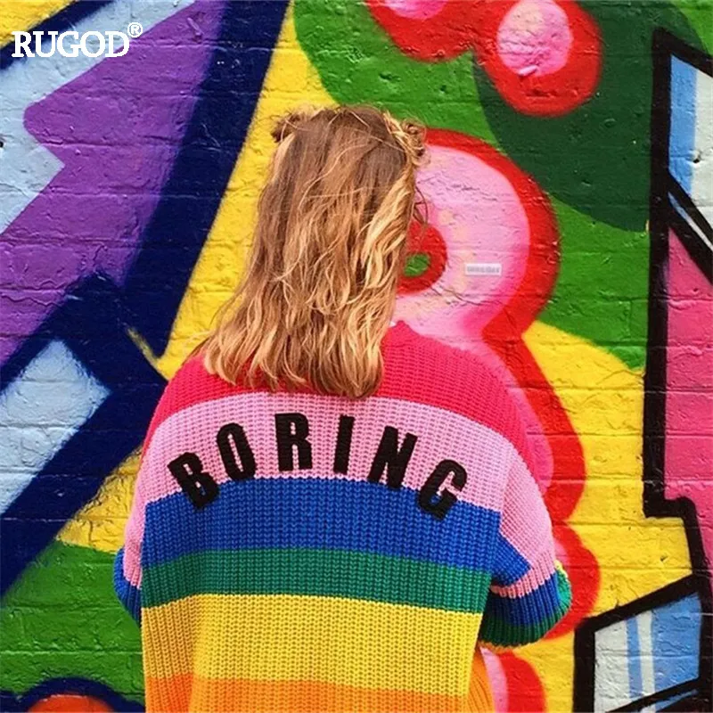 Rugod 2019 Rainbow Cardigan Women Sweater Loose Letter Print Knitted Tops Femme Brand Casual Poncho Open Stitch |