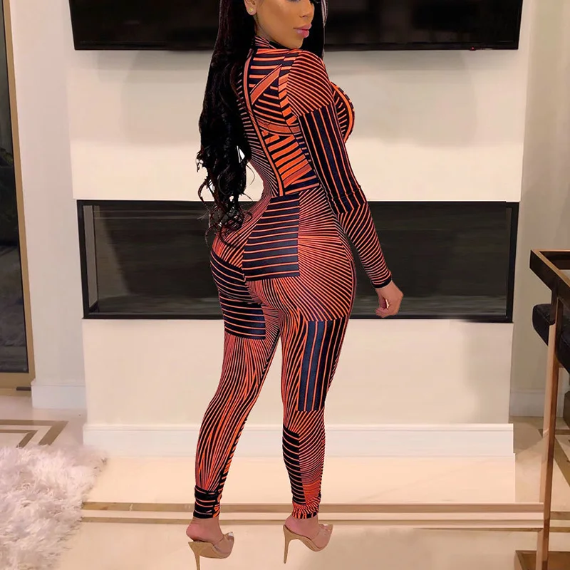 

Zipper design jumpsuit for women 2019 Striped print long sleeve rompers womens jumpsuit Autumn 2019 streetwear Overalls femme