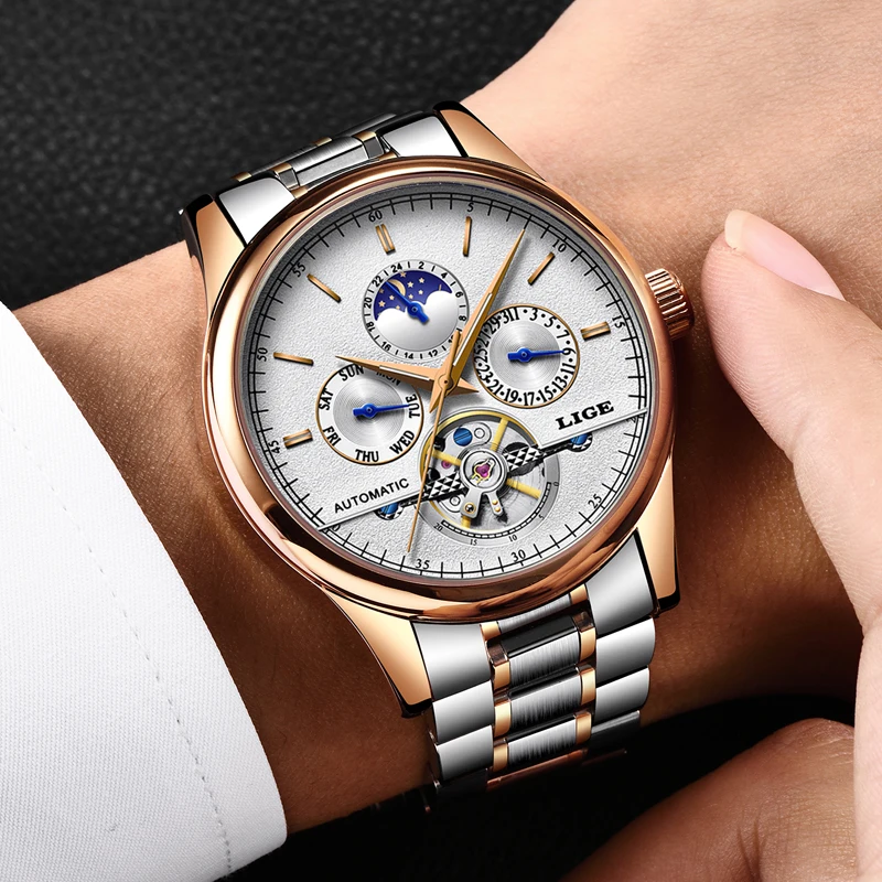 Часы наручные LIGE Мужские механические модные спортивные брендовые деловые