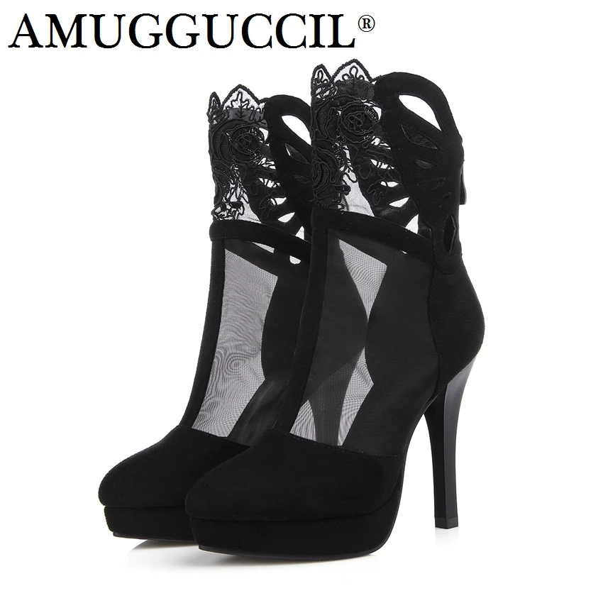 Черные модные пикантные женские ботинки на высоком каблуке и платформе с молнией