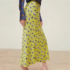 Женская юбка с высокой талией, желтая Повседневная пляжная юбка с оборками и цветочным принтом, в европейском и американском ретро стиле, 40 *, на лето