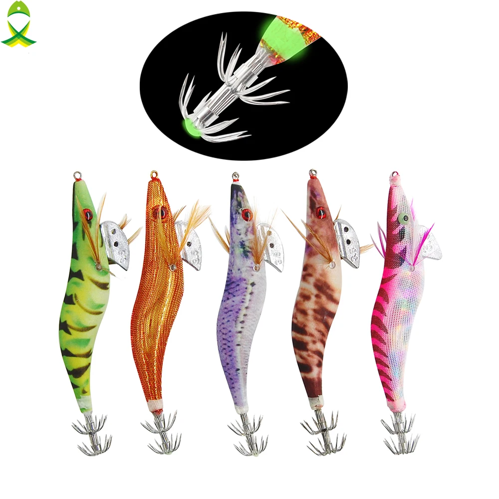 

JSM 5pcs/lot Sea luminous Artificial Wood Shrimp Squid hook cuttlefish Bait jigging fishing Lures for fishing equipment