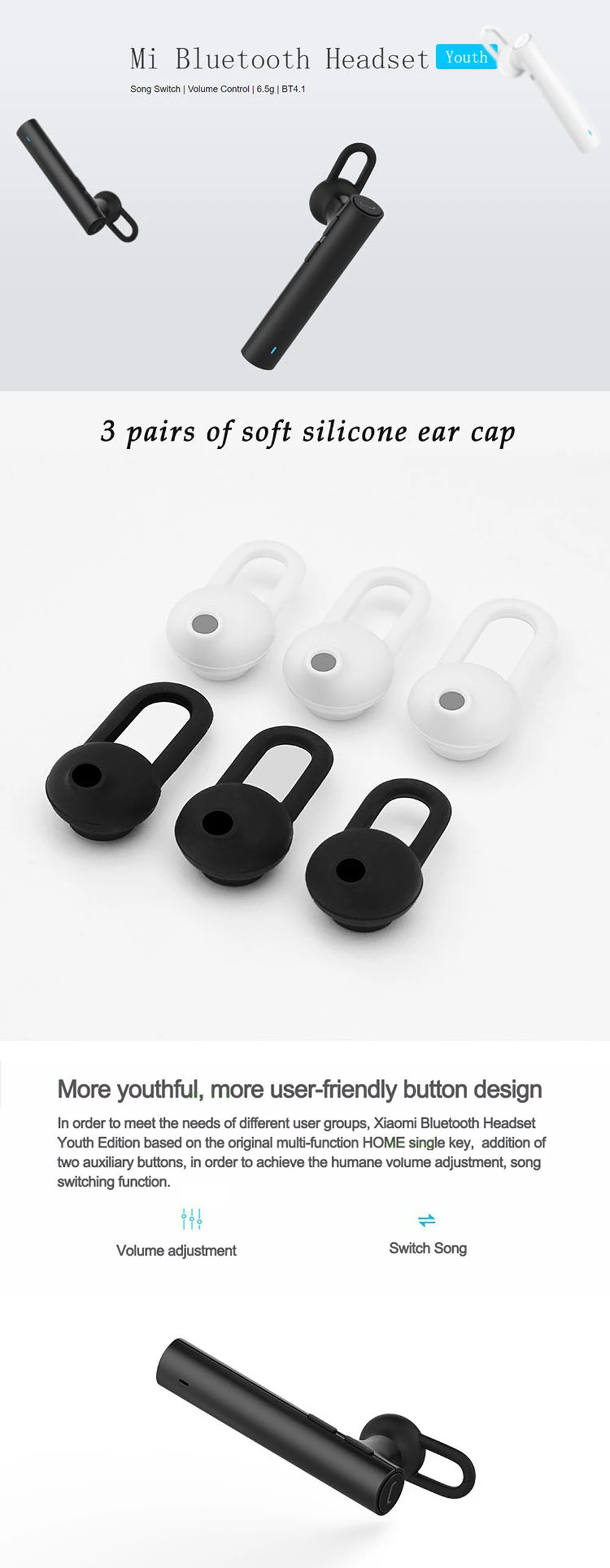 Xiaomi Bluetooth гарнитура Молодежная версия беспроводные наушники 4,1 HD с 3 кнопками Mic