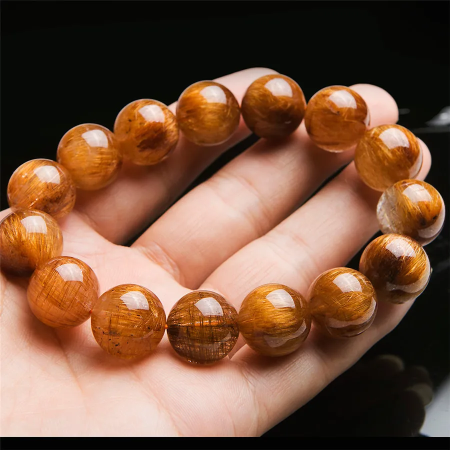 16мм Природные Подлинная Золото Медь волос Rutilated Кварц Браслет шарма Femme Мужчины