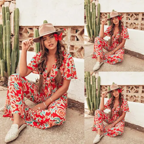 2018 новый летний Для женщин Boho пляжного отдыха красный Цветочные Комбинезоны леди V шеи свободные Playsuit