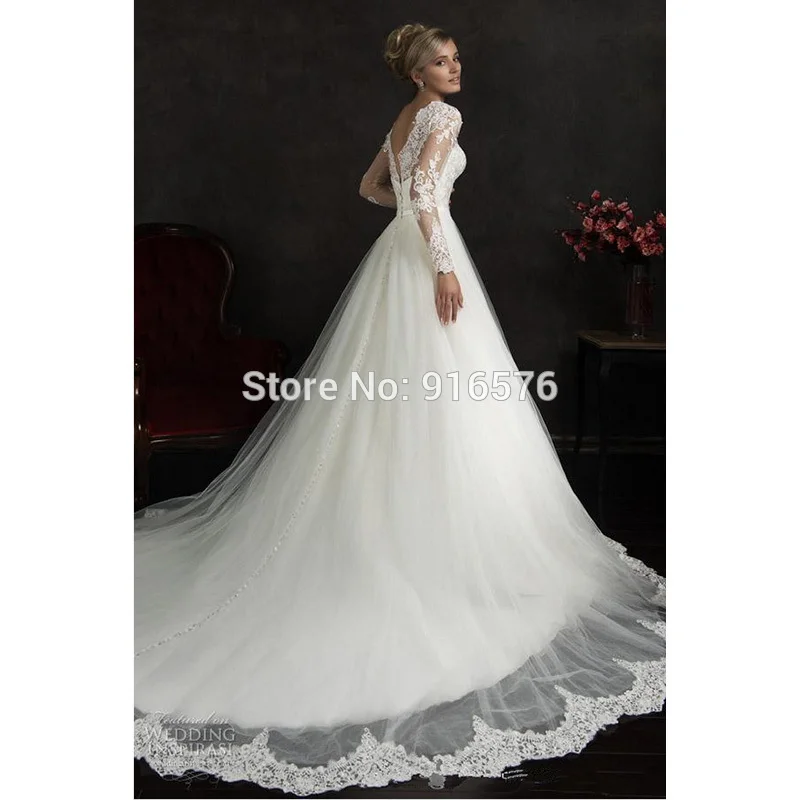 Роскошные Длинные Рукава Высокая Шея Тюль Бисероплетение Кружева Аппликации