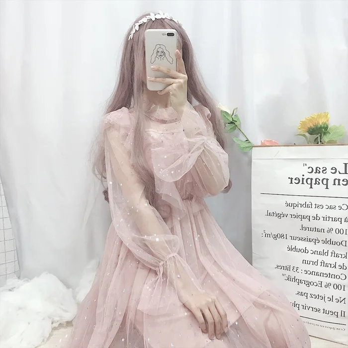 Корейские элегантные вечерние платья с фатиновой юбкой для женщин в японском стиле Лолита с оборками и сеткой с длинным рукавом Розовые платья-пачки для девочек