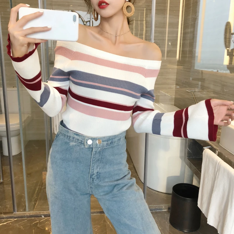 2019 autumn winter Korean wild models Geometric color matching Bell sleeve slim stretch sweater women clothing |