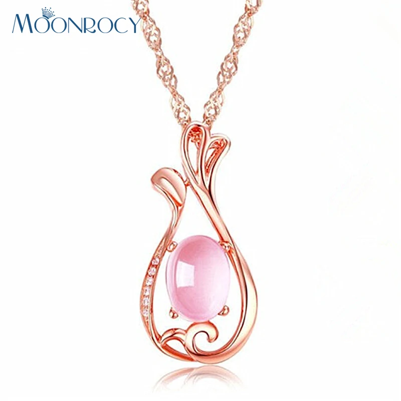 MOONROCY Rose Gold Color Bottle Synthetic Ross Quartz CZ Crystal Pink Opal Necklace for Women Girls Gift Choker